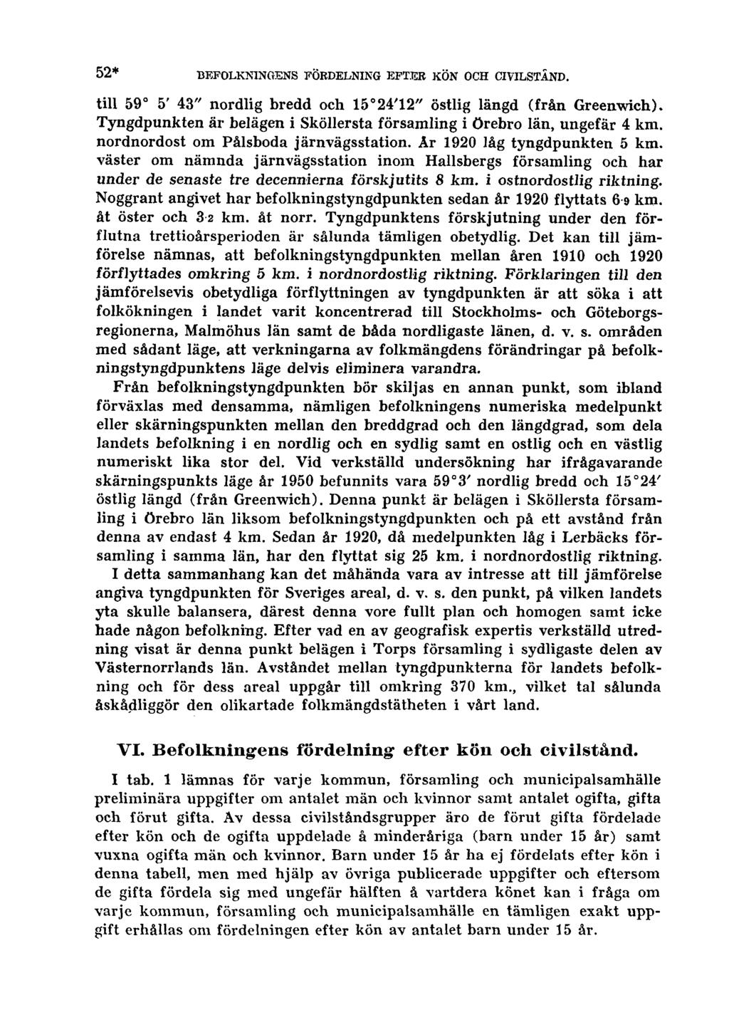 52* BEFOLKNINGENS FÖRDELNING EFTER KÖN OCH CIVILSTÅND. till 59 5' 43" nordlig bredd och 15 24'12" östlig längd (från Greenwich).