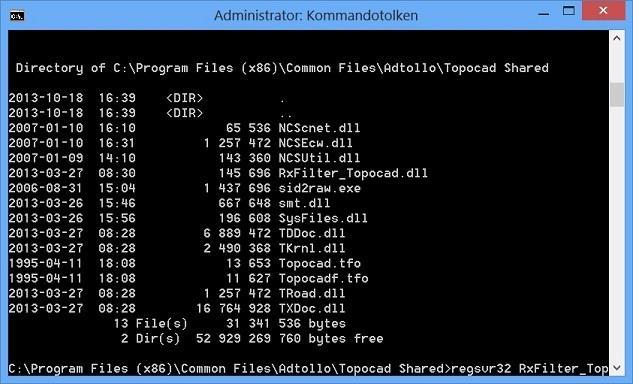 dll C:\Program Files (x86)\common Files\Adtollo\Topocad Shared\SysFiles.dll 1. Öppna ett kommandofönster (kör som administratör). 2.