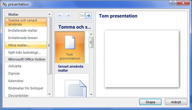 9 (11) Använda mallarna i PowerPoint 2007 Du hittar mallarna i PowerPoint 2007 genom att välja Nytt under Office-knappen högst uppe i vänstra hörnet av PowerPoint.
