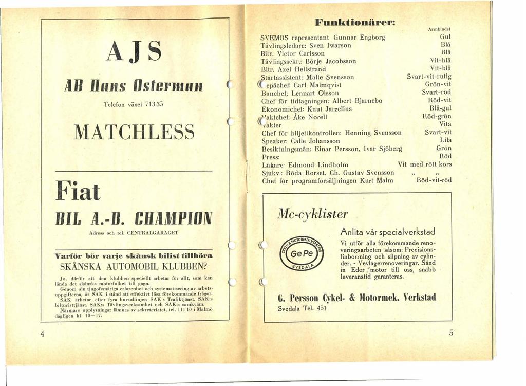 AH Hans AJS Telefon växel 71333 OSferJtlflH MATCHLESS Fiat BIL ii.-h. CHAMPION Adress och tel. CENTRALGARAGET Varför bör varje skånsk bilist tillhöra SKÅNSKA AUTOMOBIL KLUBBEN?