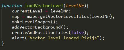 Figur 9. Pixi.js, loadvectorlevel funktionen. Figur 10. Pixi.js, loadvectorlevel funktionen. Figur 11. Pixi.js, loadvectorlevel funktionen. Ett designval av hur ramverken skulle implementeras gjordes tidigt i studien, genom att gömma funktionerna i varje implementation av ramverken.