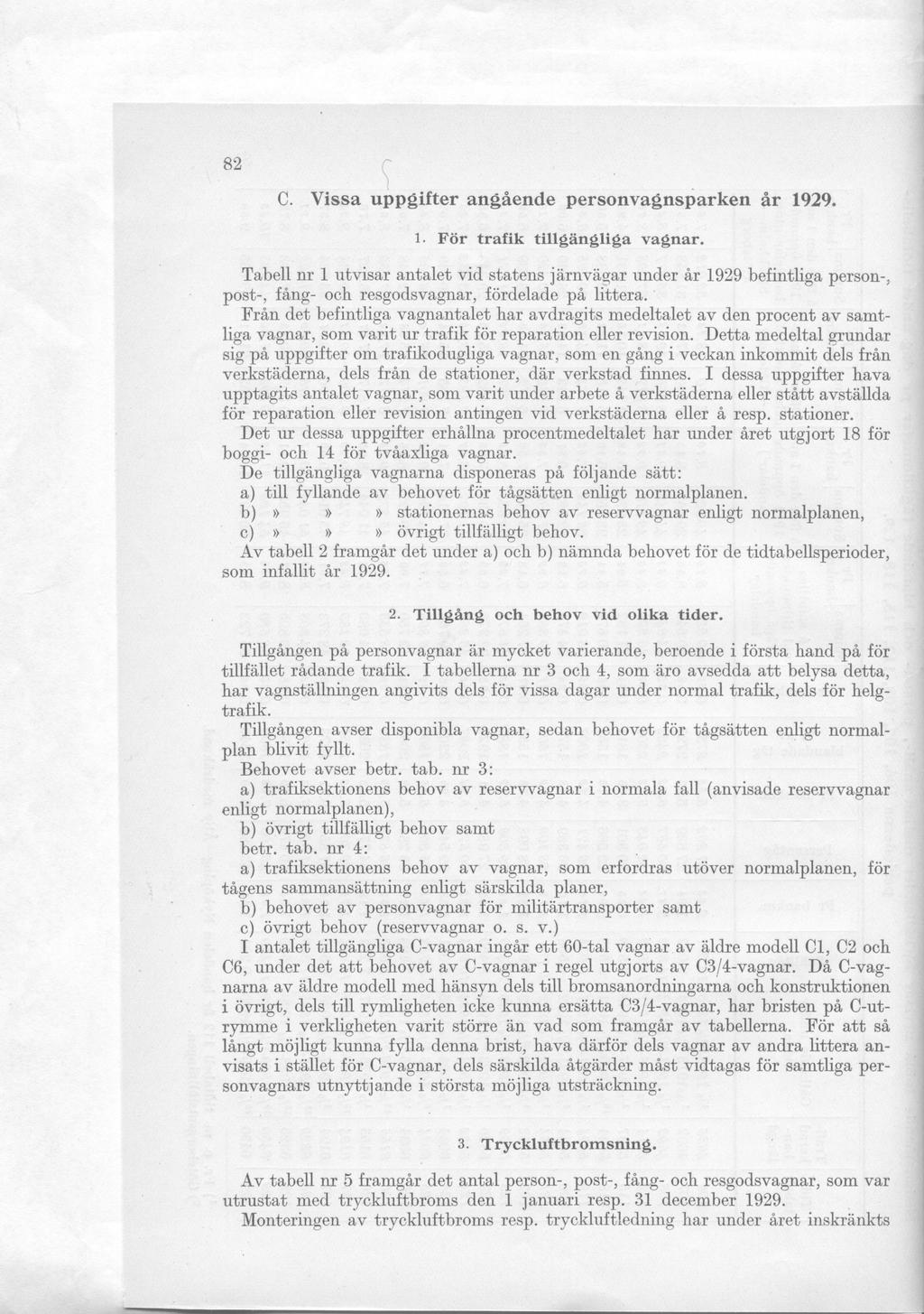 Ur Statens järnvägar: Trafikavdelningens berättelse år 1929 C. Vissa uppgifter angående persnvagnsparken år 1929. 1- För trafik tillgängliga vagnar.