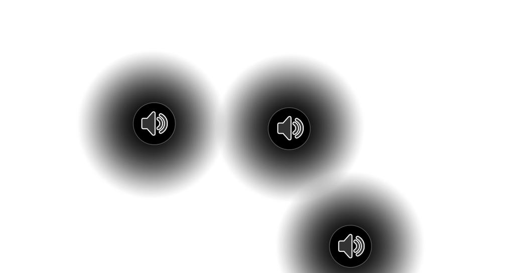De svarta cirklarna visar inom vilken sfär ljud hörs när spelaren håller ett finger på skärmen för samma objekt (till höger). Figur 2. Illustration av dialogläget.