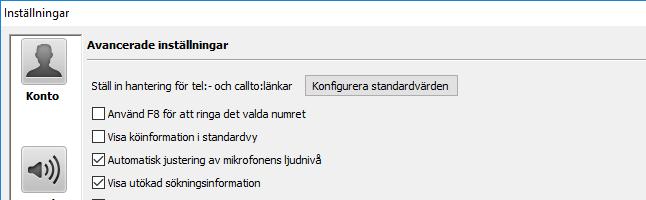 Visar du dialogrutan Inställningar i Softphone och klickar på Konfigurera standardvärden på