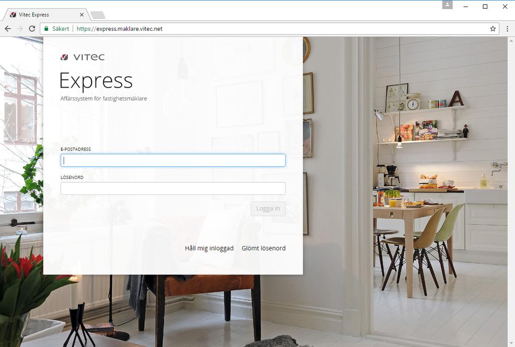 i Softphone Logga in i Vitec Express Öppna din webbläsare och visa följande webbsida: http://express.maklare.vitec.net Logga in med ditt ordinarie användarkonto för Vitec Express.