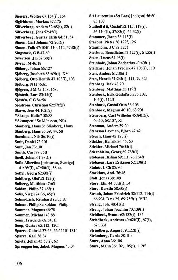 Siewers, Wolter 67:154(i), 164 Sigfridsson, Markus 37:176 Silfverberg, Anders 52:68(i), 82(i) Silfverberg, Jöns 52:45(i) Silfverberg, Gustav Ulrik 84:51, 54 Simon, Carl Johann 72:20f(i) Simon, Falk