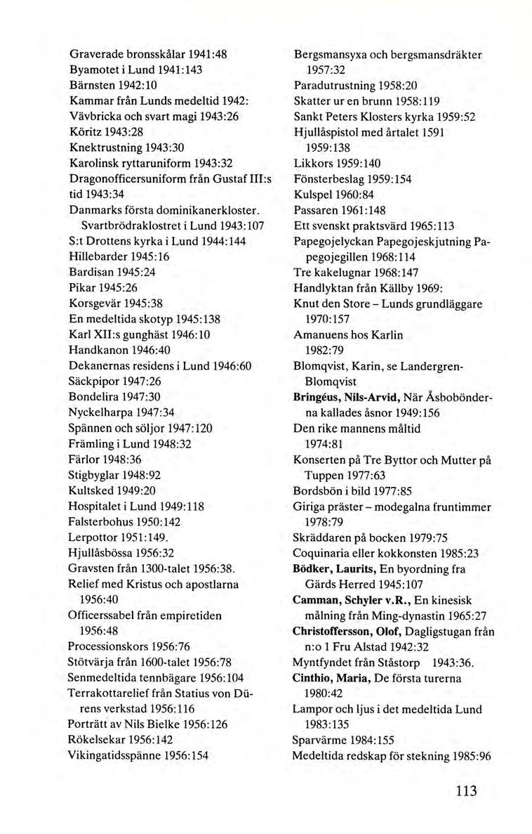 Graverade bronsskålar 1941 :48 Byamotet i Lund 1941:143 Bärnsten 1942:10 Kammar från Lunds medeltid 1942: Vävbricka och svart magi 1943:26 Köritz 1943:28 Knektrustning 1943:30 Karolinsk ryttaruniform