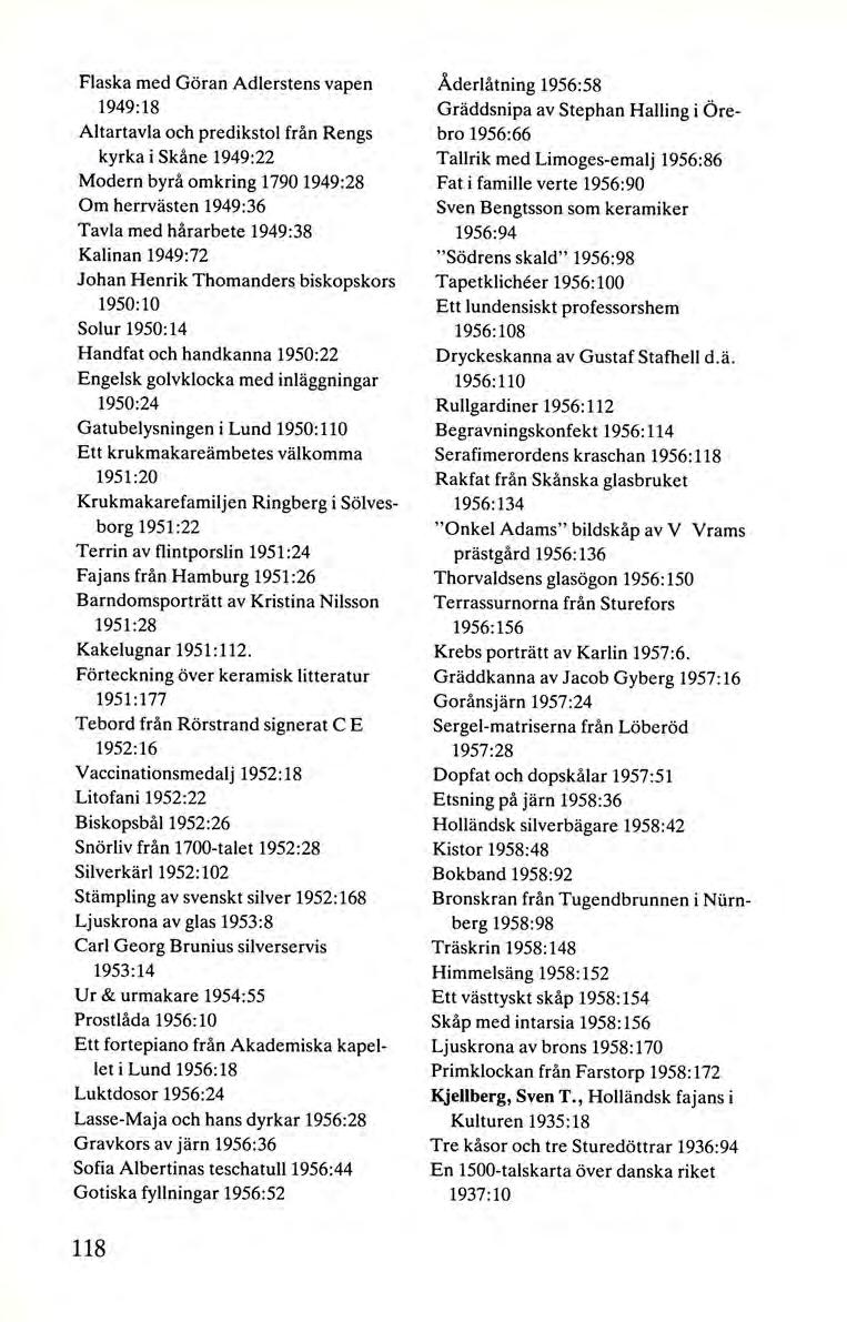 Flaska med Göran Adlerstens vapen 1949:18 Altartavla och predikstol från Rengs kyrka i Skåne 1949:22 Modern byrå omkring 1790 1949:28 Om herrvästen 1949:36 Tavla med hårarbete 1949:38 Kalinan 1949:72