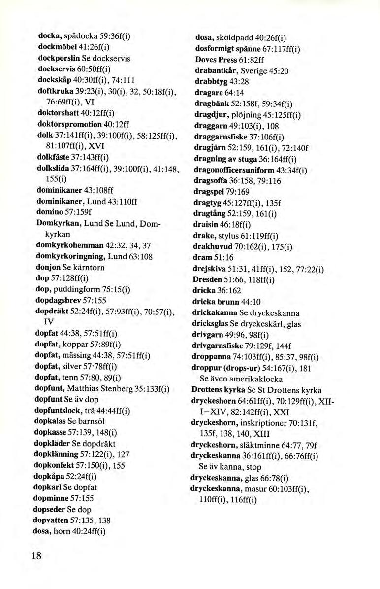 docka, spådocka 59:36f(i) dockmöbel 41 :26f(i) dockporslin Se dockservis dockservis 60:50ff(i) dockskåp 40:30ff(i), 74:111 doftkruka 39:23(i), 30(i), 32, 50:18f(i), 76:69ff(i), VI doktorshatt 40: