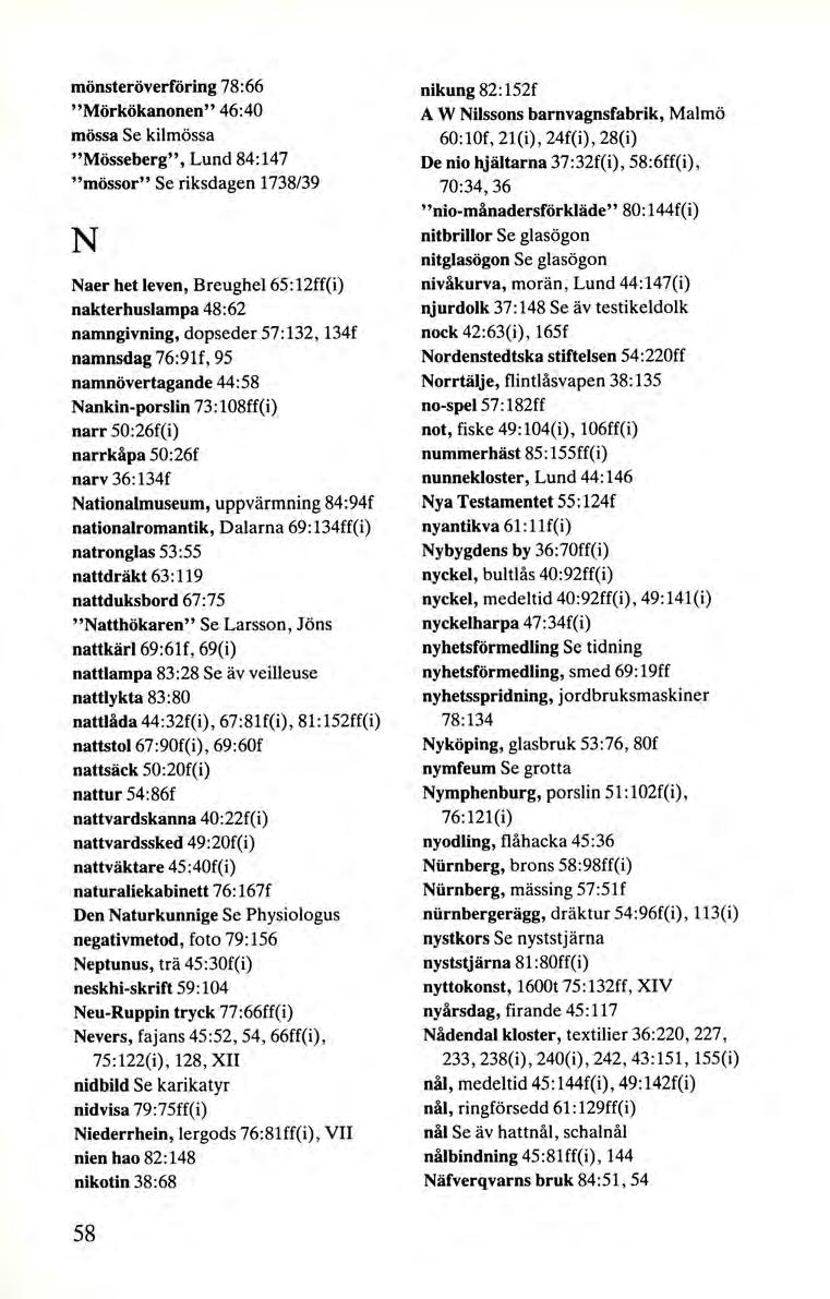 mönsteröverföring 78 :66 "Mörkökanonen" 46:40 mössa Se kilmössa "Mösseberg", Lund 84: 147 "mössor" Se riksdagen 1738/39 N Naer het leven, Breughel 65 :12ff(i) nakterhuslampa 48:62 namngivning,