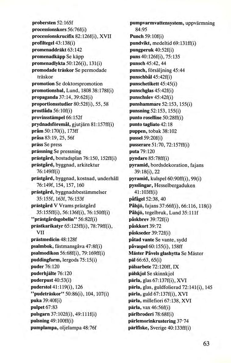 probersten 52:165f processionskors 56:76f(i) processionskrucifix 82:126f(i), XVII profiltegel 43 : 138(i) promenaddräkt 63 :142 promenadkäpp Se käpp promenadlykta 50:126(i), 13l(i) promodade träskor