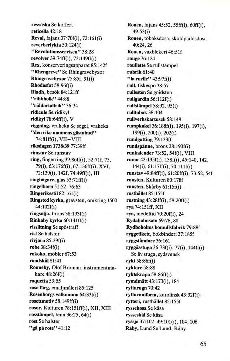 resväska Se koffert reticella 42: 18 Reval, fajans 37 70f(i), 72:161(i) reverberlykta 50: 124(i) "Revolutionsservisen" 38:28 revolver 39:74ff(i), 73:149ff(i) Rex, konserveringsapparat 85:142f