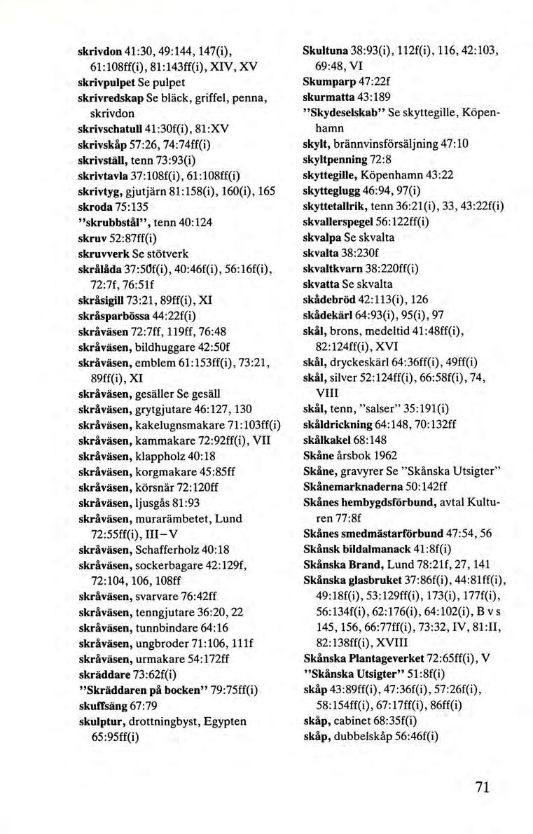 skrivdon 41:30, 49:144, 147(i), 61:108ff(i), 81 :143ff(i), XIV, XV skrivpulpet Se pulpet skrivredskap Se bläck, griffel, penna, skrivdon skrivschatull 41:30f(i), 81 :XV skrivskäp 57:26, 74:74ff(i)