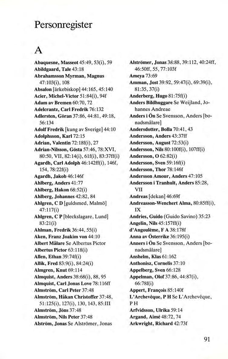 Personregister A Abaquesne, Masseot 45 :49, 53(i), 59 Abildgaard, Tale 43:18 Abrahamsson Myrman, Magnus 47 :103(i), 108 Absalon [ärkebiskop] 44:165, 45:140 Acier, Michel-Victor 51:84(i), 94f Adam av