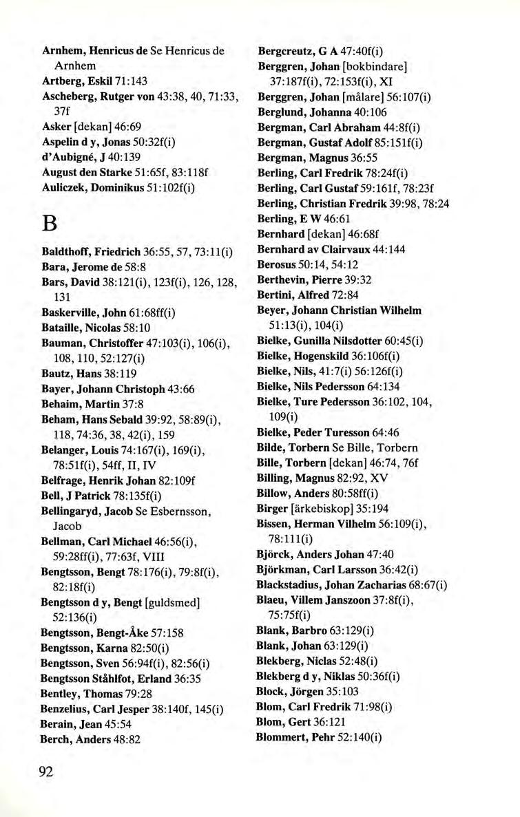 Arnhem, Henricus de Se Henricus de Arnhem Artberg, Eskil 71:143 Ascheberg, Rutger von 43 :38, 40, 71 :33, 37f Asker [dekan) 46:69 Aspelin dy, Jonas 50:32f(i) d' Aubigne, J 40: 139 August den Starke