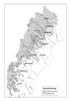 SOU 2009:30 Bilaga 3 Skogsstyrelsen Rapport 2007-10-19 11(38) Karta över områdena för svårföryngrad skog och fjällnära skog i N Sverige De markerade