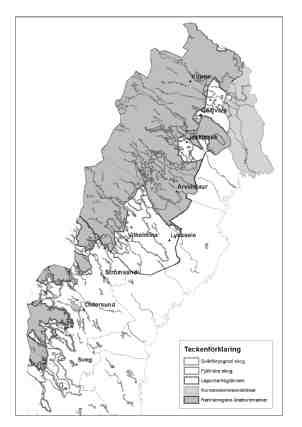 Bilaga 3 SOU 2009:30 Skogsstyrelsen Rapport 2007-10-19 30(38) Karta över året-runt-markernas utbredning samt gränserna för svårföryngrad skog, fjällnära skog och