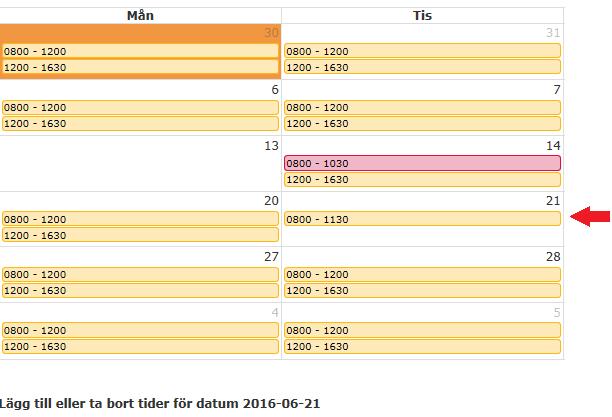 visas. Lägg in start- och sluttid för förmiddag och eftermiddag.