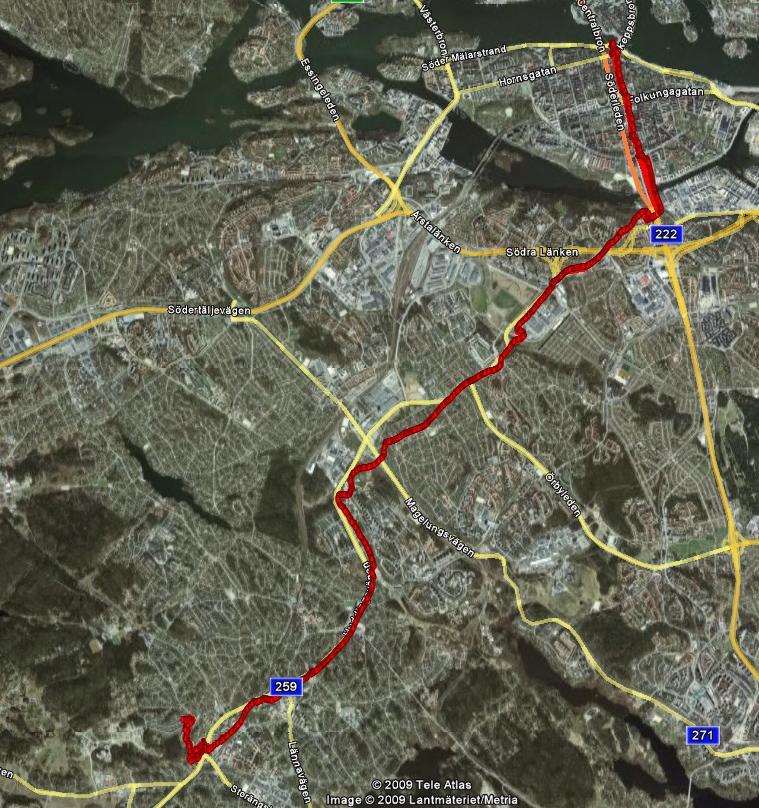 4.5 Huddinge Slussen Sträckan mellan Huddinge och Slussen kan ses i figur 29. Totalt är sträckan 14 kilometer enkel väg. Sträckan har cyklats ca 14 gånger tur och retur under perioden.