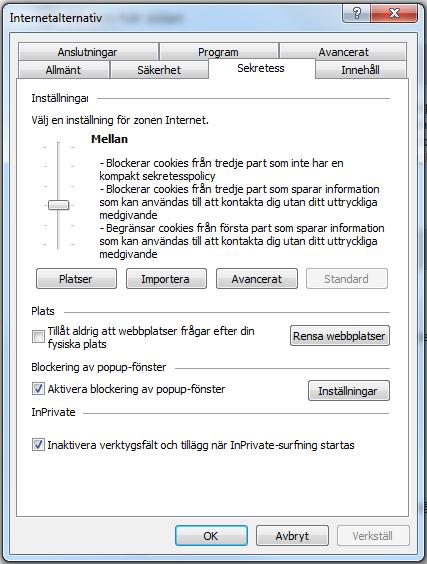 Bocken ska vara ifylld i rutan Aktivera blockering av popupfönster. Gå därefter in på Inställningar. Här anger man från vilka platser popup-fönster är OK.