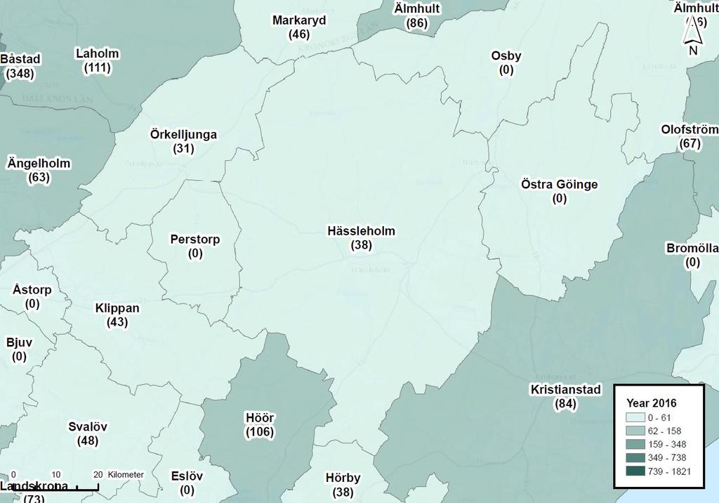 Turismindex Kartan illustrerar ett turismindex för Hässleholm kommun samt omkringliggande kommuners index.