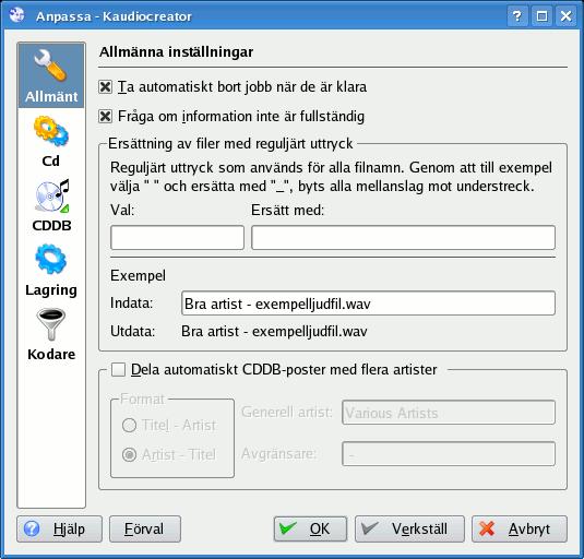 E 1.2 Steg 02: Inställningsfliken Allmänt Inställningar -> Anpassa KAudioCreator... -> Allmänt Inställningsfliken Allmänna inställningar. Det finns inte så mycket att göra här.