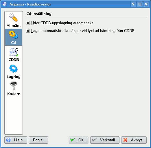 Fliken Cd-inställning. Markera bara båda posterna. Vi är lata och vill att cd-data hämtas automatiskt via Internet från en freedb-server.