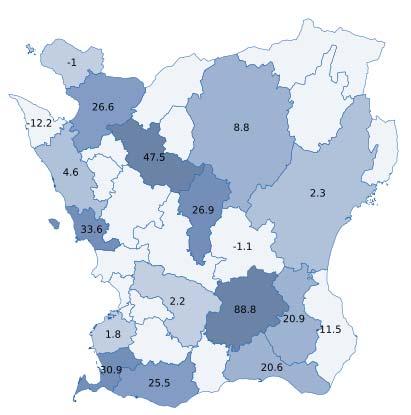 gästnattsutveckling under perioden jan mars 2017, 4 kommuner backar i antal gästnätter och bortfallet motsvarar 15kommuner som under de tre