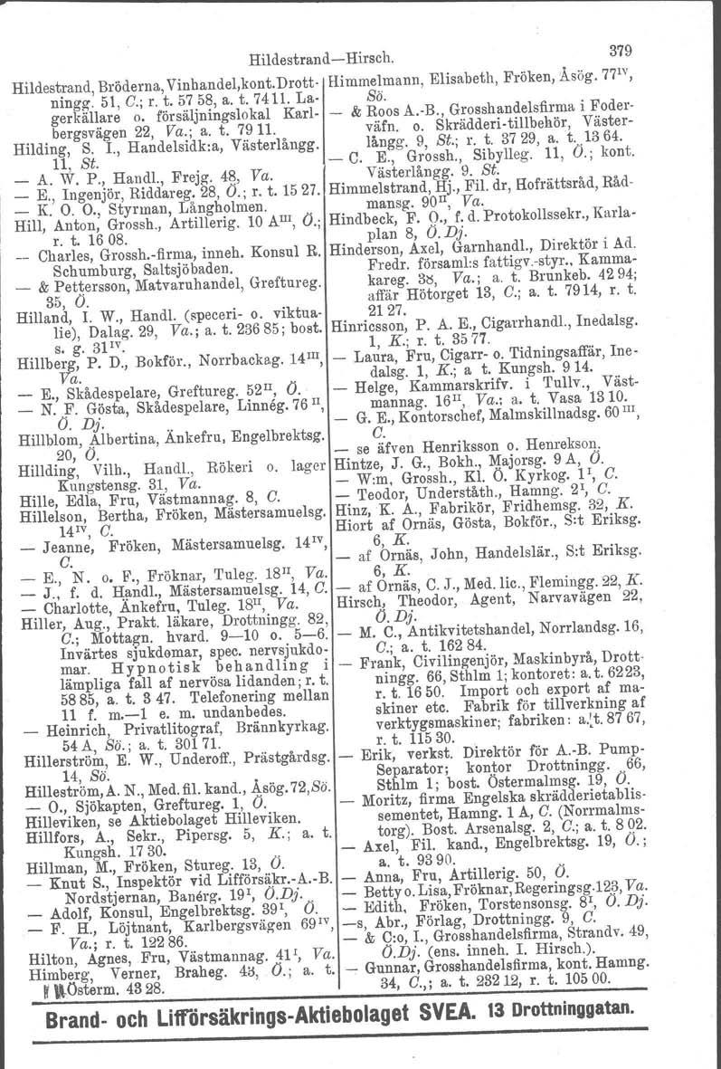 Hildestrand Hirsch. 379 Hildestrand, Bröderna, Vinhandel,kont. Drott Himmelmann, Elisabeth, Fröken, 'Åsög. 77 IV, ningg. 51, C.; r. t. 57 58, a. t. 7411. La Sä. gerkällare o.