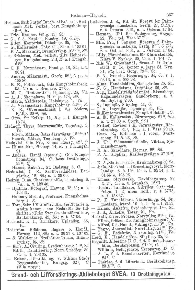 HedmanHegardt. 367 Hedman. Erik Gustaf, Inneh. af Bröderna Hed Hedström, J. S., Fil. dr, Förest. för Palmmans Mek. Verkst., bost. Kungsholmsg. 46 III, K. grenska samskolan, Grefg. 27, O.Dj.; r. t.