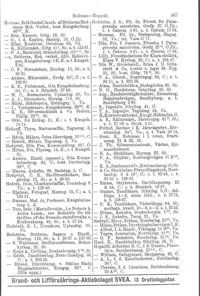 HedmanHegardt. 367 Hedman. Erik Gustaf, Inneh. af Bröderna Hed Hedström, J. S., Fil. dr, Förest. för Palmmans Mek. Verkst., bost. Kungsholmsg. 46 III, K. grenska samskolan, Grefg. 27, O.Dj.; r. t.