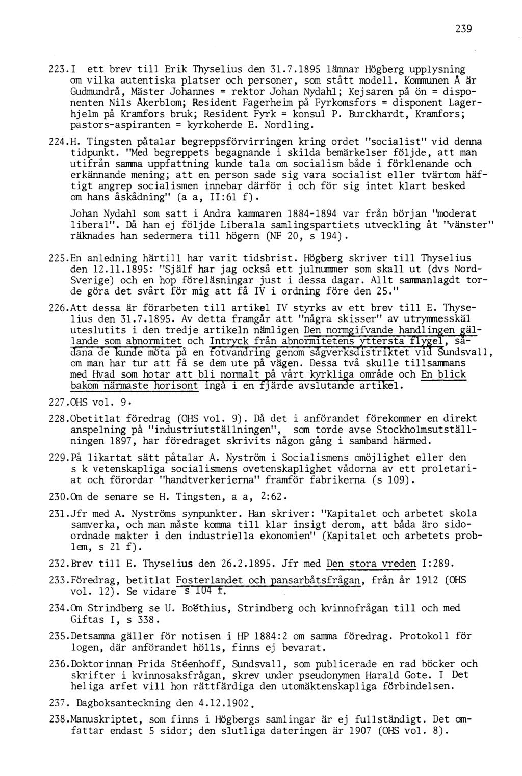 239 223.1 ett brev till Erik Thyselius den 31.7.1895 lämnar Högberg upplysning om vilka autentiska platser och personer, som stått modell.