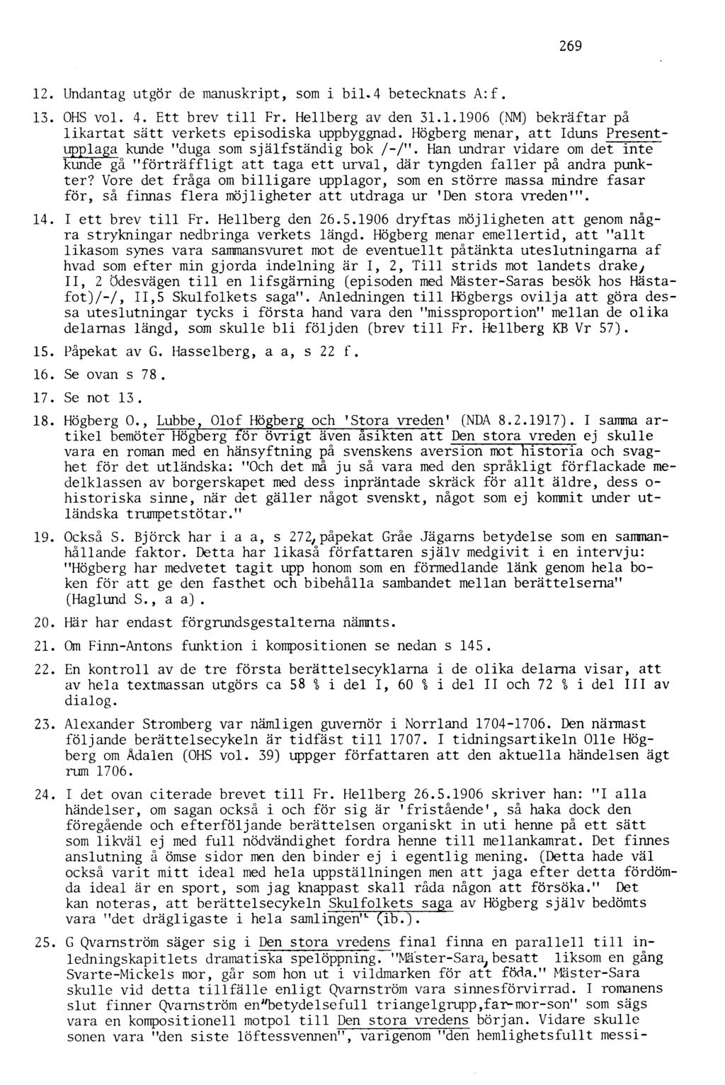 269 12. Undantag utgör de manuskript, som i bil.4 betecknats A:. 13. OHS vol. 4. Ett brev till Fr. Hellberg av den 31.1.1906 (NM) bekräftar på likartat sätt verkets episodiska uppbyggnad.