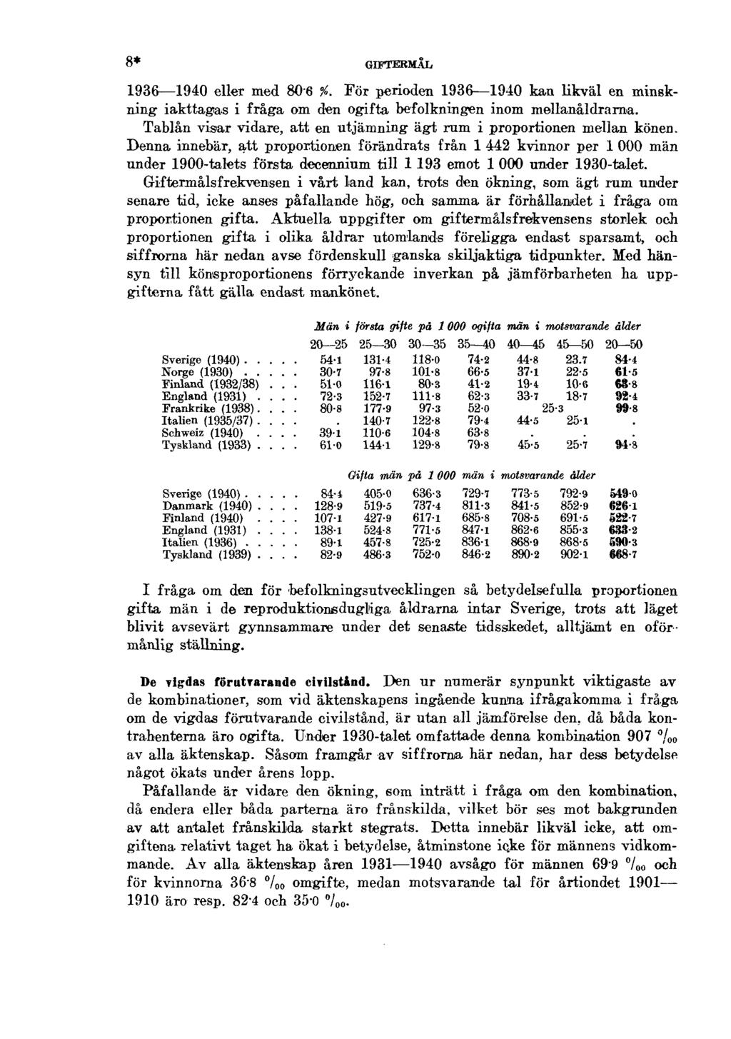 8* GIFTERMÅL 1936 1940 eller med 806 %. För perioden 1936 1940 kan likväl en minskning iakttagas i fråga om den ogifta befolkningen inom mellanåldrarna.
