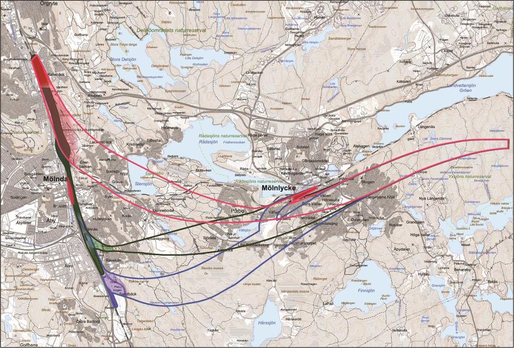 Linjerna representerar korridorgräns Samma lösning och utformning i Mölndalsåns dalgång som i alternativen genom Mölnlycke.
