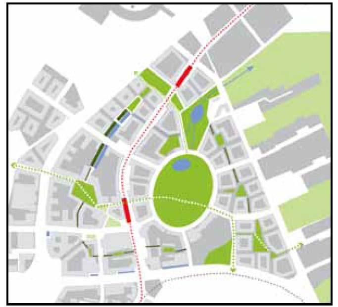 SAMRÅDSHANDLING PLANBESKRIVNING 2016-11-04 1281K-P197 PÄ 07/2016 Grönstrukturen ur Dispositionsplan för Centrala Brunnshög I det norra kvarteret planeras för en upphöjd gård med huvudsakligen