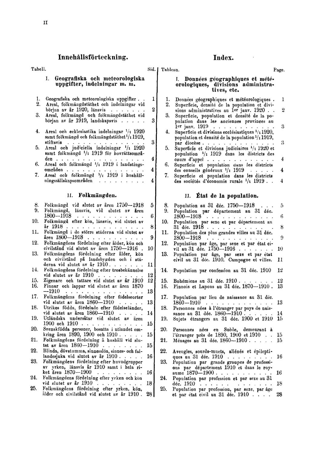 II Tabell. Innehållsförteckning. I. Geografiska och meteorologiska uppgifter, indelningar m. m. Sid. 1. Geografiska och meteorologiska uppgifter.. 1 2.