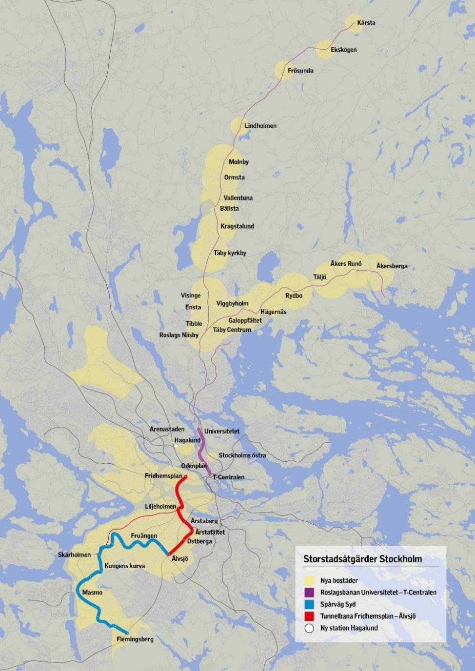 5(12) Överenskommelsen omfar följande fyra kollektivtrafikobjekt, innefande omkring 25 nya stationer och hållplatser, Tunnelbana mellan Fridhemsplan och Älvsjö Ny