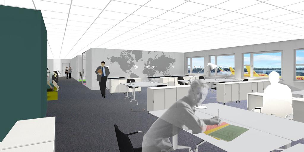 1 R 18-20p 1 7 Vy över kontorslandskap på plan 1tr med mötesrumdel och skymt av receptionsyta. Utsikt mot flygplan på Airside.