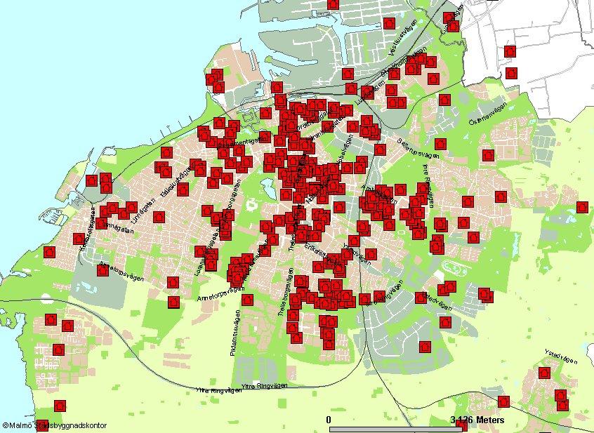 Figur 4.8 Koordinatsatta insatser brand i byggnad 2006 i Malmö (Malmö Stadsbyggnadskontor, 2007). 4.3.