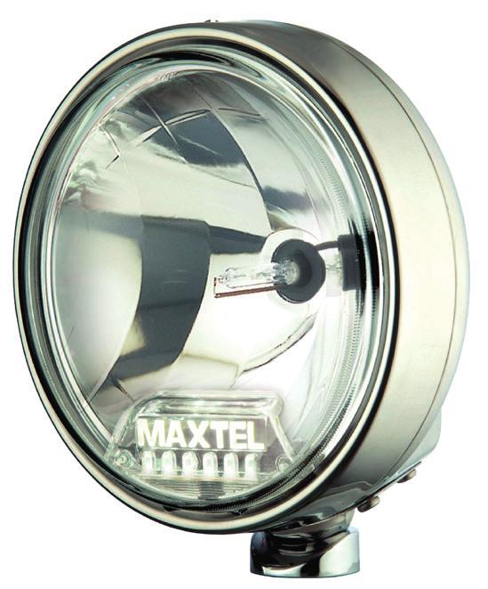 MAXTEL 9 extraljus MAXTEL 9 extraljus med rostfritt hus. Finns med XENON eller H1 glödlampa och med LED positionsljus. Helljusbilden ger ett brett och kraftfullt ljus.