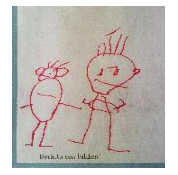 Jag uppmärksammade en pojke som höll sig en bit bort från ritbordet och som sagt nej när han blev tillfrågad om han ville rita. Vid andra försöket kom han, om än motvilligt, med mig till ritbordet.