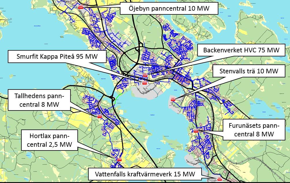 Figur 1-1. Värmeproduktionsanläggningar anslutna till Piteås fjärrvärmenät [4]. Bilden är modifierad med textrutorna [5].