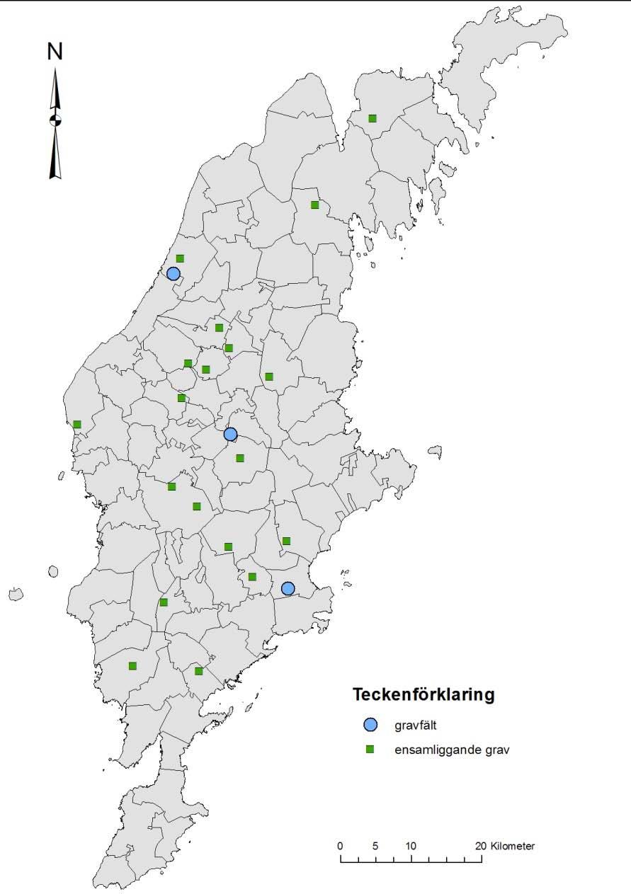 Figur 1. Karta över Gotland där de ensamliggande gravarna och gravfälten är markerade. 5.2. Gravarna på gravfälten 5.2.1. Bläsnungs, Väskinde socken I detta gravfält tillhör nästan alla gravar den äldre järnåldern; det finns endast en bronsåldergrav och några få stenåldersgravar.