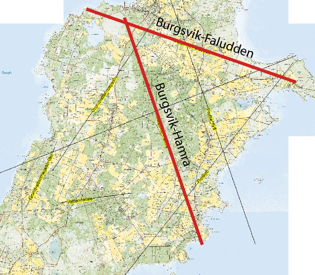 Figur 19: SkyTEM-profilerna Burgsvik-Faludden samt Burgsvik-Hamra som korrelerats till de borrhål som utförts i närheten av profilerna. 5.