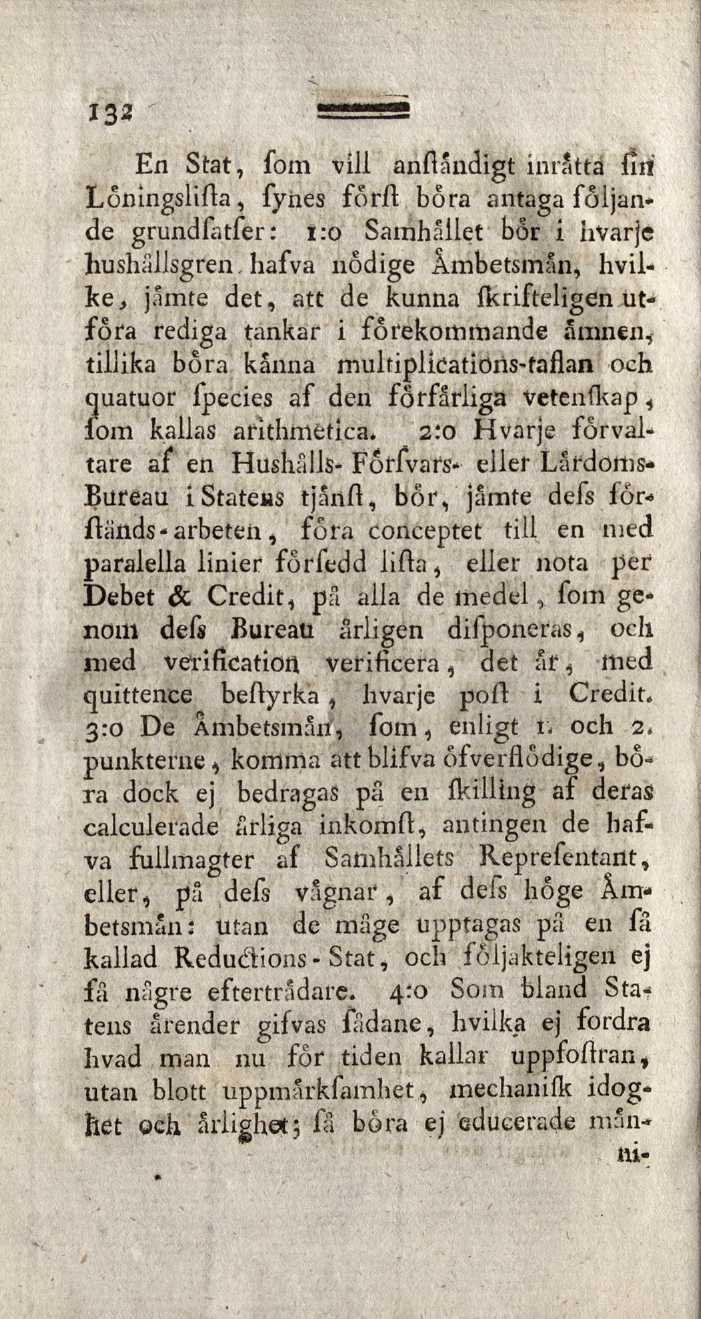 132 En Stat, fom vill anflåndigt inråtta fiiî Loningslifla, fynes for A bora antaga följande grundfatfer: 1:0 Samhället bor i iivarje hushållsgren hafva nödige Ämbetsman, hvilke, jämte det, att de
