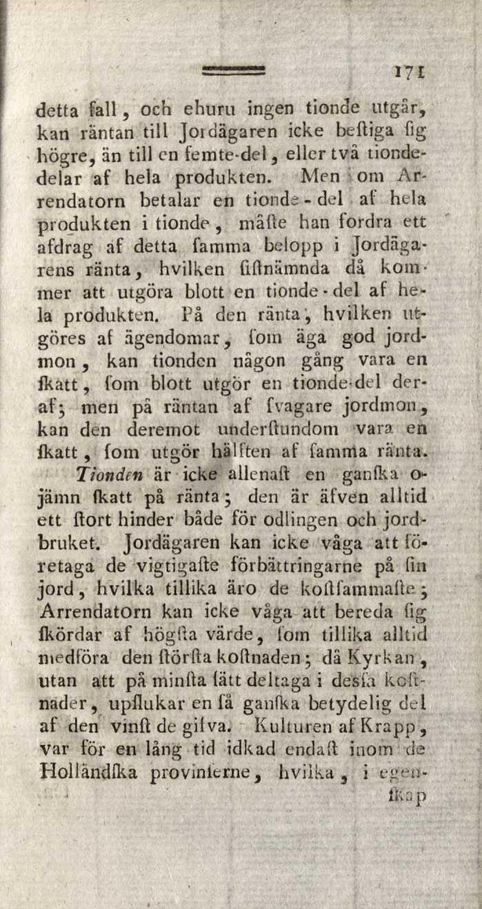 171 detta fall, och ehuru ingen tionde utgår, kan räntan till Jordägaren icke beftiga fig högre, än till en femte-del, eller tvä tiondedelar af hela produkten.