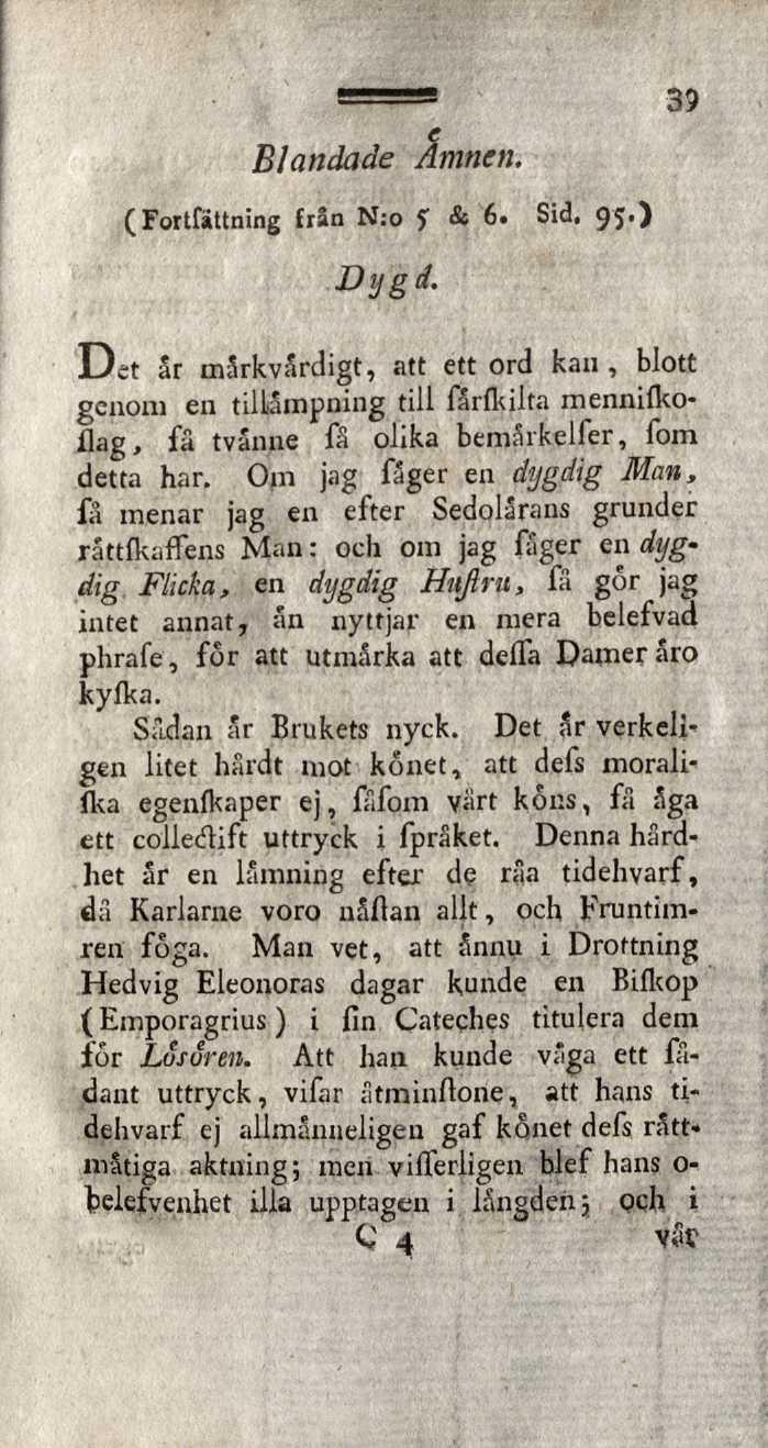 Blandade Ämnen. (Fortfättning från N:o? & 6. Sid, 95") Dygd.