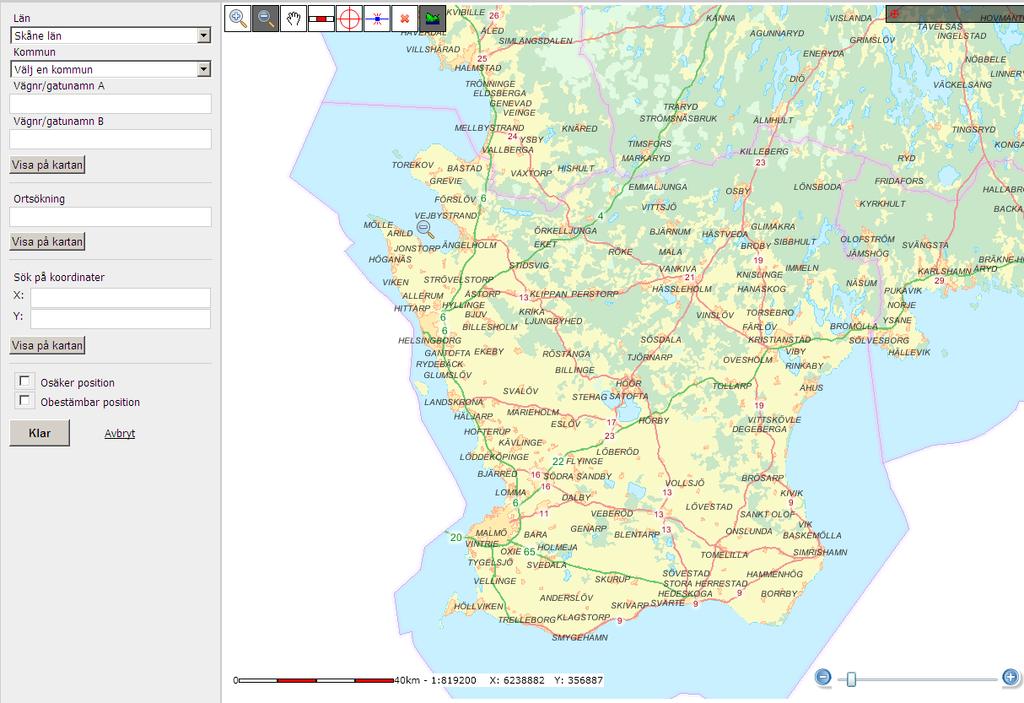 Markera på karta För att ange en geografisk position för skadehändelsen klickar man på knappen MARKERA PÅ KARTA. Kartbilden öppnas och man kan påbörja en sökning av olycksplatsen.
