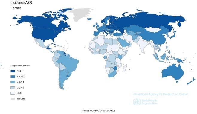 Figur 2. Geografisk spridning av endometriecancer, antal fall per 10